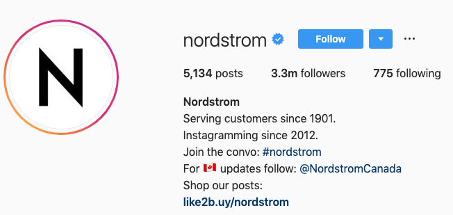 Nordstrom Instagram Bio Example