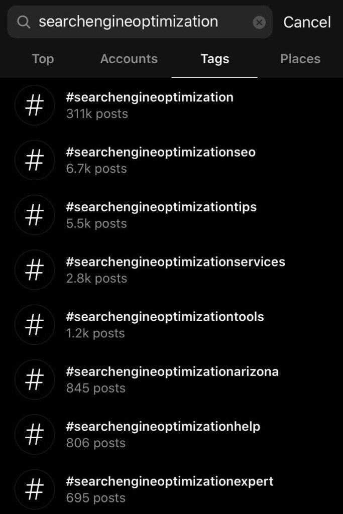 Search Engine Optimization hashtags on Instagram